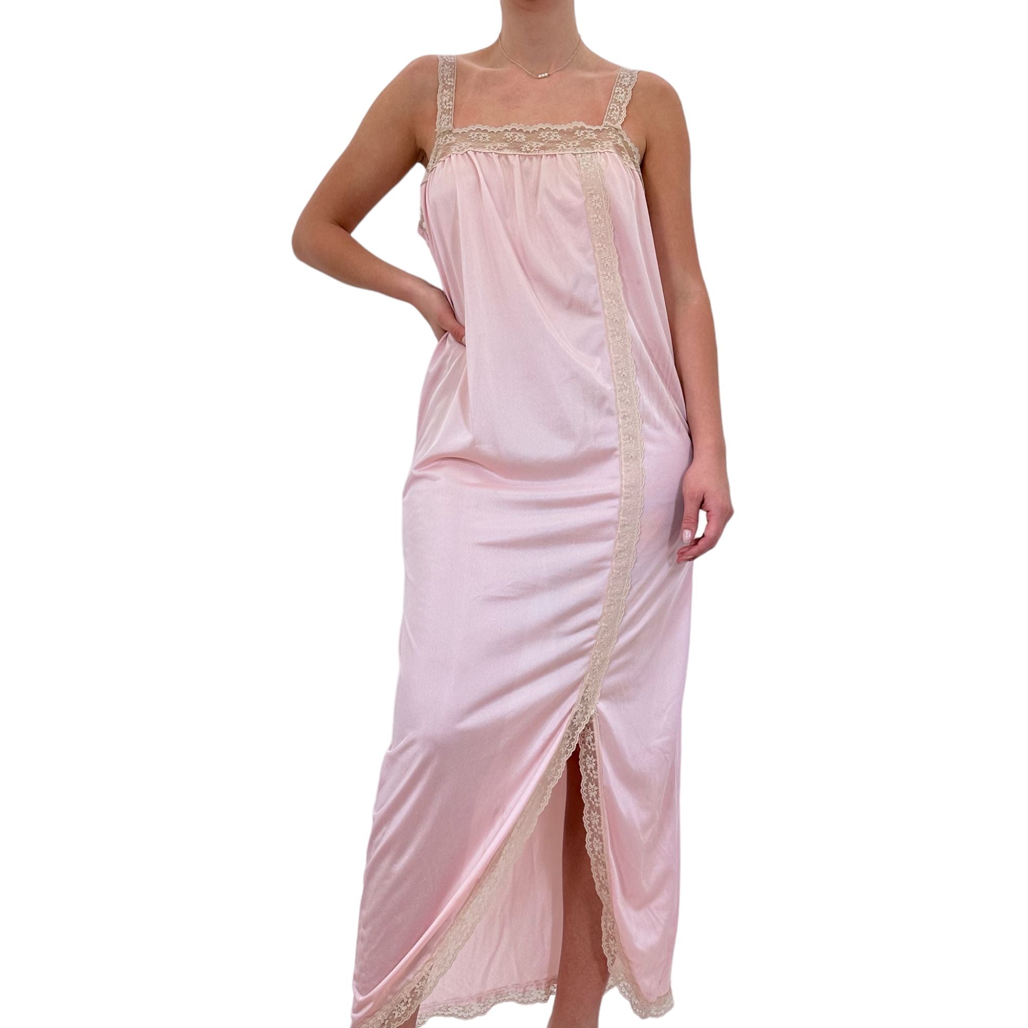 90s Vintage Beige + Pink Floral Lace Maxi Slip Dress [M, L]