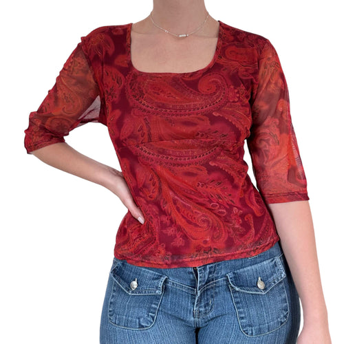 90s Vintage Red Paisley Short Sleeves Top [L]