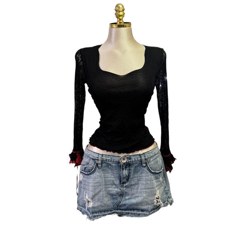 90s Vintage Black Lace Red Long Sleeve Top [S]