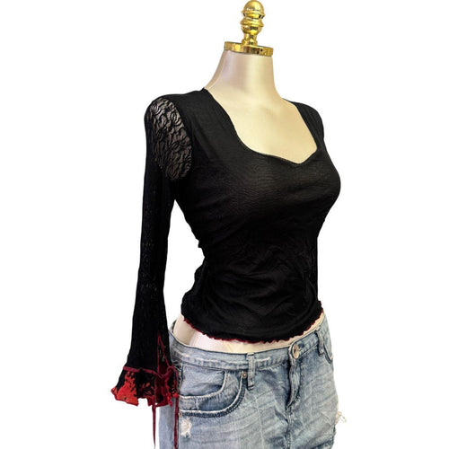90s Vintage Black Lace Red Long Sleeve Top [S]
