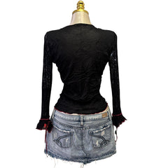 90s Vintage Black Lace Red Long Sleeve Top [S]