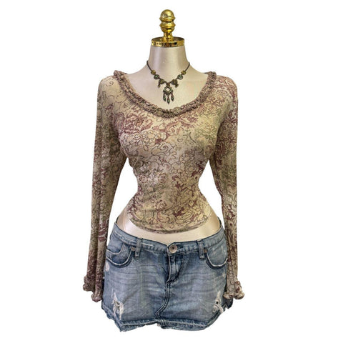 90s Vintage White Mesh W/ Black Red Beige Tie-dye Lining Top  [L]