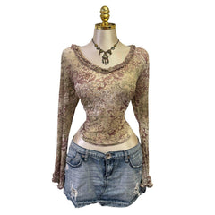 90s Vintage Gray Lavender Mesh Long Sleeve Ruffle Trim Top [XL]