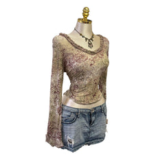 90s Vintage Gray Lavender Mesh Long Sleeve Ruffle Trim Top [XL]