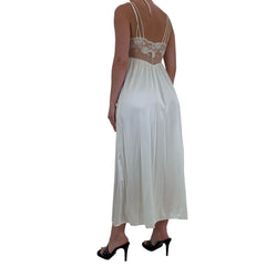 90s Rare Vintage White Satin Lace Maxi Slip Dress [S]
