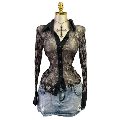 Y2K Vintage Brown And Green Floral Lace, Dark Grey Pinstripe Top