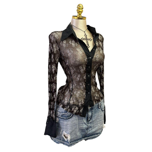Y2K Vintage Brown And Green Floral Lace, Dark Grey Pinstripe Top