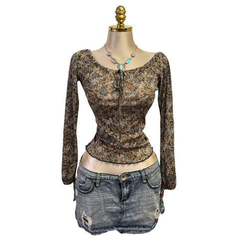 Y2K Vintage Beige Blue Green Mesh Floral Top [M]