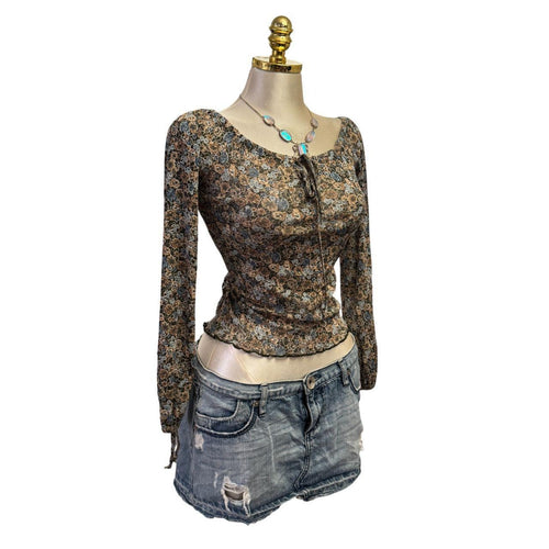 Y2K Vintage Beige Blue Green Mesh Floral Top [M]