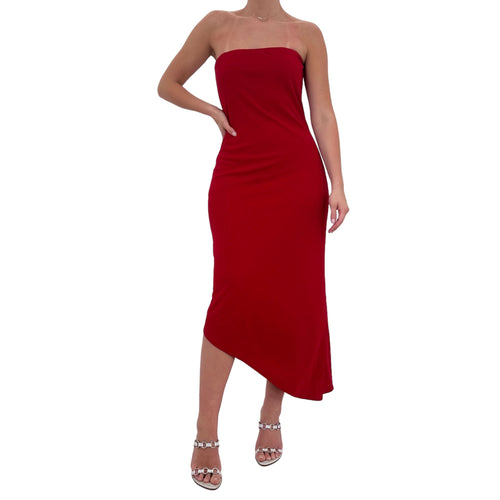Y2k Vintage Red Strapless Asymmetrical Hem Maxi Dress [L]