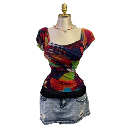 Y2K Vintage Red Green Floral Graphic Print Top [M]