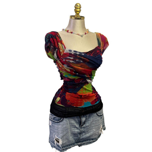 Y2K Vintage Red Green Floral Graphic Print Top [M]
