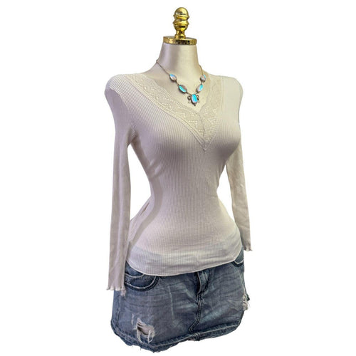 90s Vintage Ivory V-Neck Lace Top [XS]