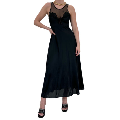 90s Rare Vintage Black Satin Maxi Slip Dress [S]