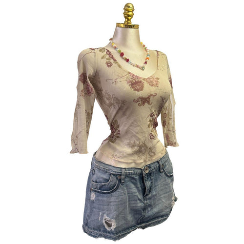 Y2K Vintage Cream Pink Floral Mesh Top [S]