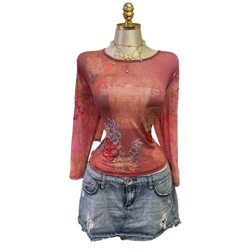 90s Vintage Pink Orange Mesh Sequin Butterfly Top  [L]