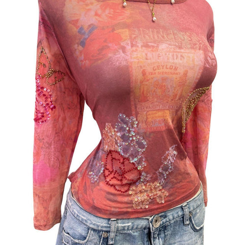 90s Vintage Pink Orange Mesh Sequin Butterfly Top  [L]
