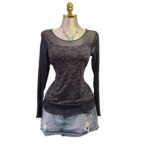 90s Vintage Dark Grayish Blue + Purple Dotted Mesh Top [XL]