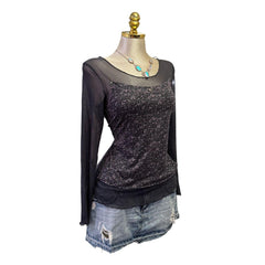 90s Vintage Dark Grayish Blue + Purple Dotted Mesh Top [XL]