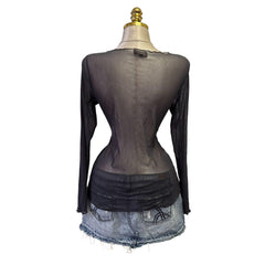 90s Vintage Dark Grayish Blue + Purple Dotted Mesh Top [XL]