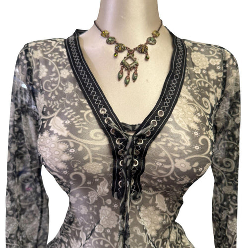 Y2K Vintage Black White Floral Mesh Lace Front Top [M]