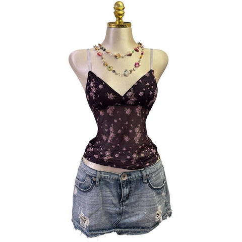 Y2K Vintage Desigual Red Black Beaded Sequin Asymmetrical Neck Top [S]