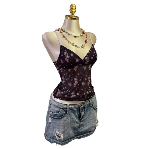 90s Vintage Purple Floral Mesh Tie Sides Top  [XS]
