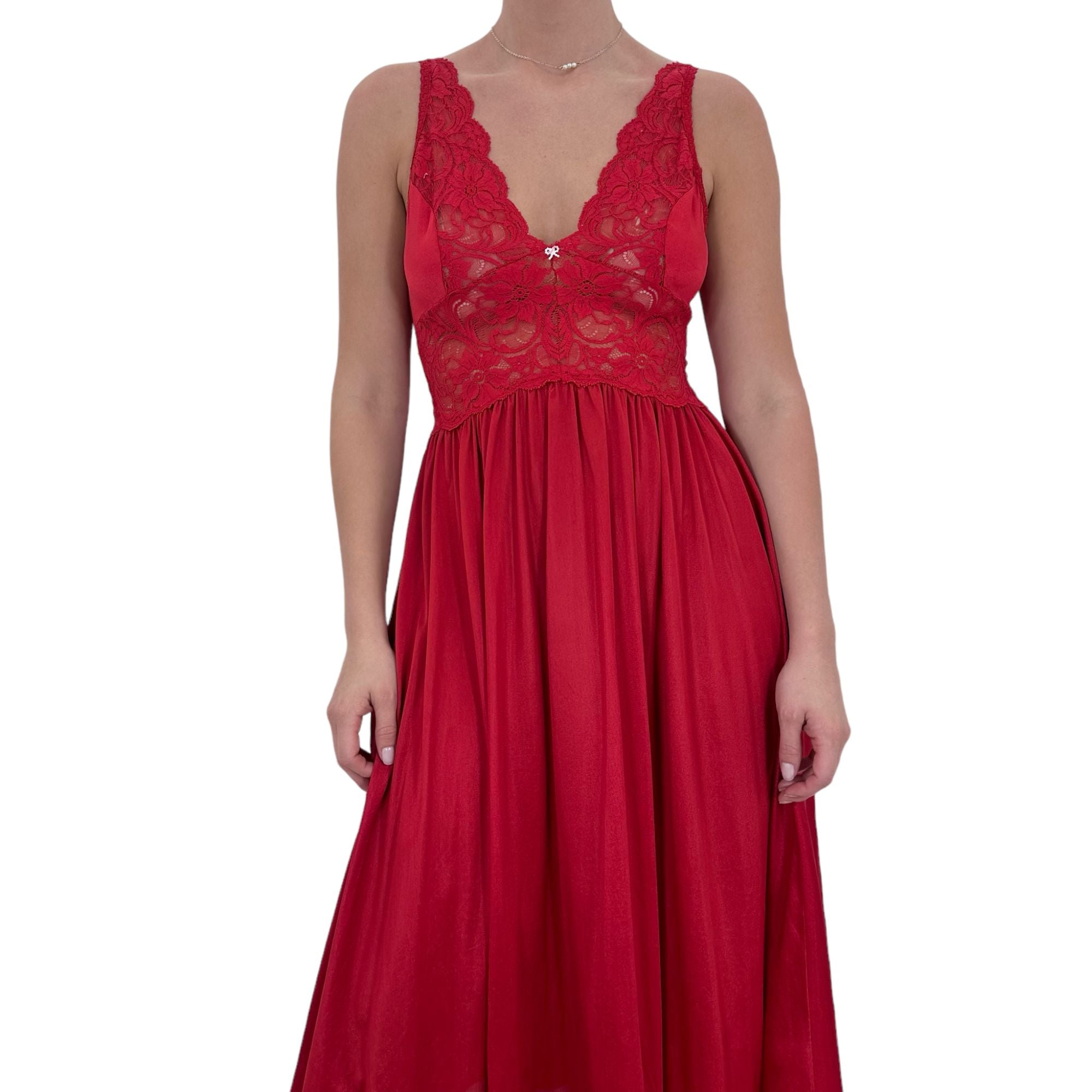 90s Vintage Red Floral Lace V-Neck Midi Dress [S]