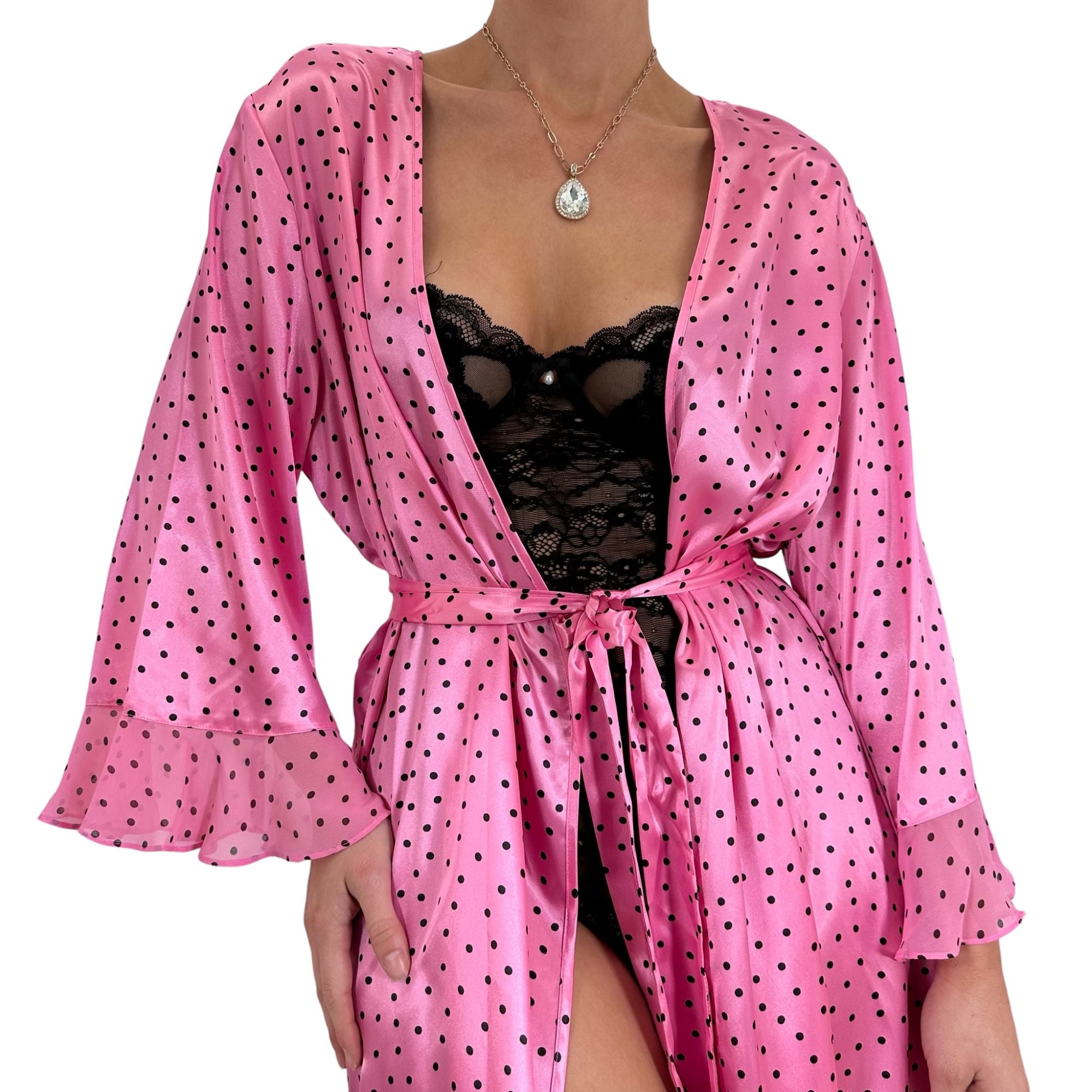 Y2k Vintage Pink Polka Dots Satin Robe [L-XL]