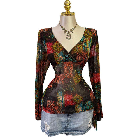90s Vintage White Mesh W/ Black Red Beige Tie-dye Lining Top  [L]