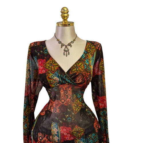 90s Vintage Red Brown Blue Green Artsy Top [XL]