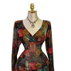 90s Vintage Red Brown Blue Green Artsy Top [XL]