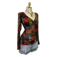 90s Vintage Red Brown Blue Green Artsy Top [XL]