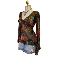 90s Vintage Red Brown Blue Green Artsy Top [XL]