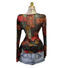 90s Vintage Red Brown Blue Green Artsy Top [XL]