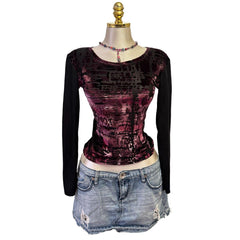 Y2K Vintage Black Pink Velvet Top  [M]
