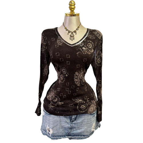 90s Vintage Chocolate Brown Ivory Gold Glitter + Sequin Top [L]