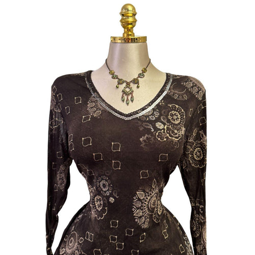 90s Vintage Chocolate Brown Ivory Gold Glitter + Sequin Top [L]