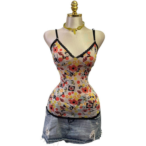 Y2K Vintage Edge Roober Artsy Black Orange Lace Top [M]