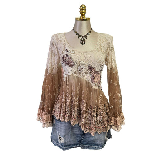 90s Vintage Ivory Brown Floral Sequin Fringe Sleeve Boho Top [L]