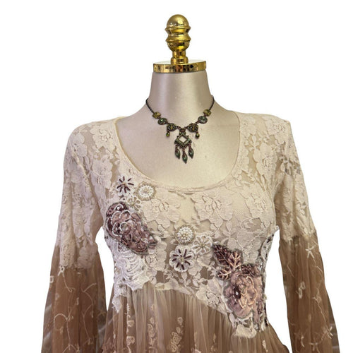 90s Vintage Ivory Brown Floral Sequin Fringe Sleeve Boho Top [L]