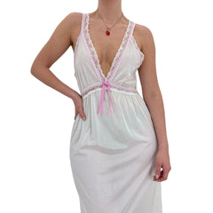 90s Rare Vintage Pink + White Ribbon Maxi Slip Dress [L]