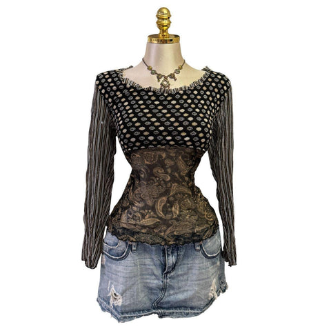 90s Vintage White Mesh W/ Black Red Beige Tie-dye Lining Top  [L]