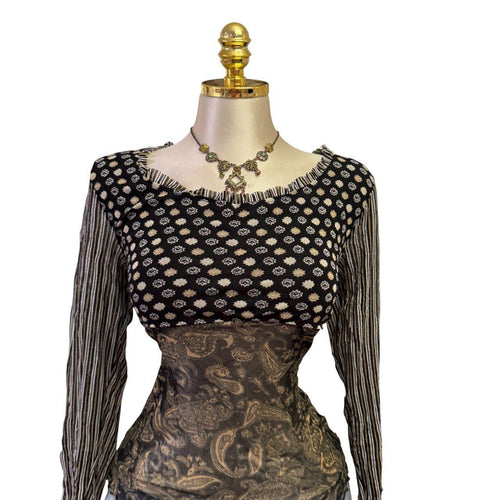 90s Vintage Brown Black Ivory Striped Floral Mesh Top  [M]