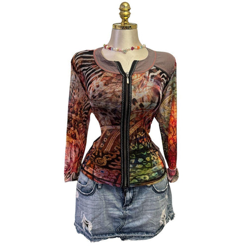 Y2K Vintage Gray Orange Animal Print Multi-color Artsy Top [M]
