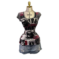 Y2K Vintage Black White Red Graphic Fashion Top [S]