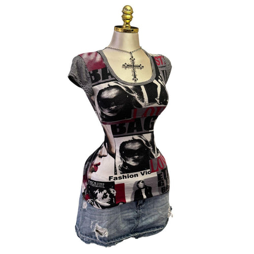 Y2K Vintage Black White Red Graphic Fashion Top [S]