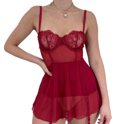 Y2k Vintage Red Mesh w/ Garters Slip Dress [S]
