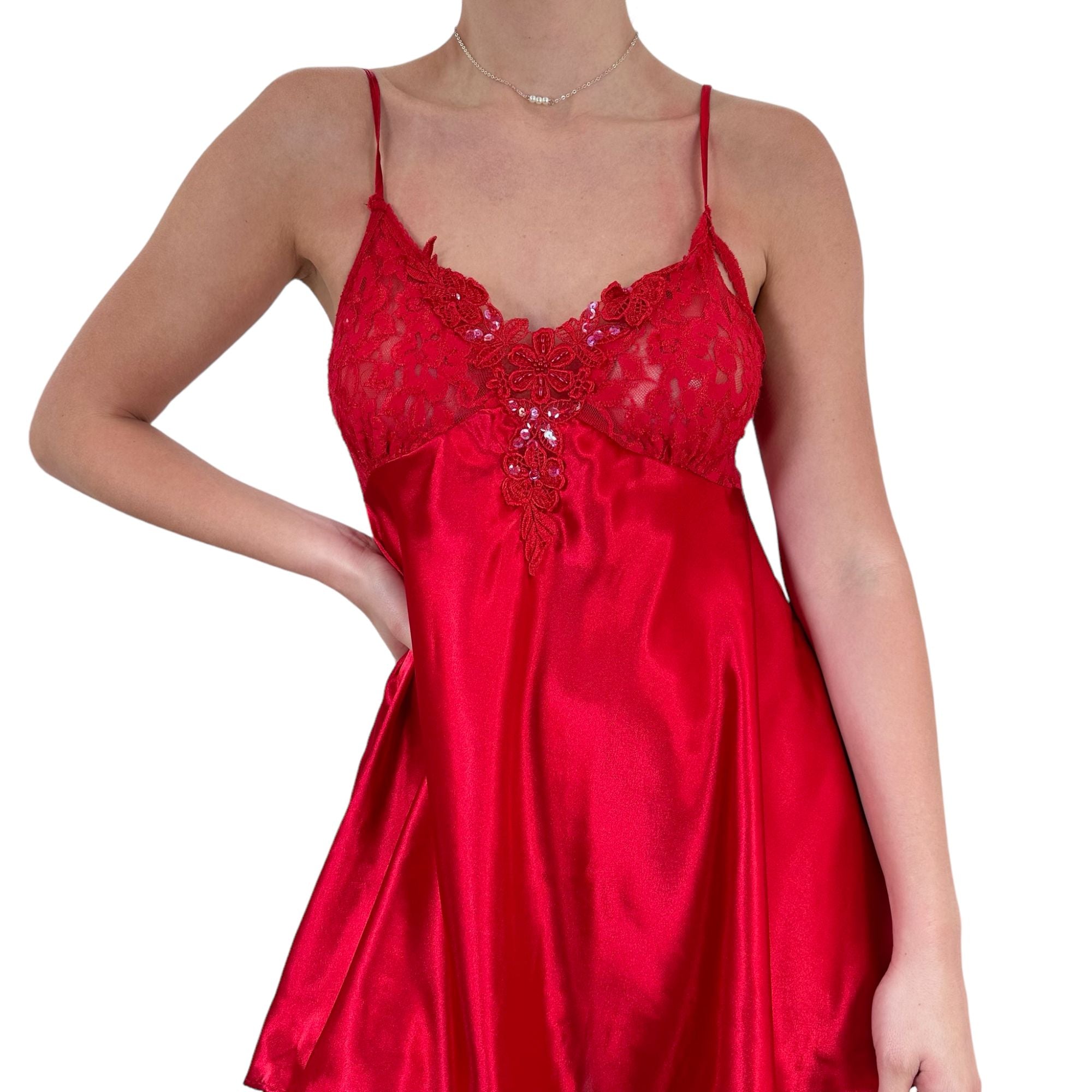 90s Vintage Red Satin Floral Lace Slip Dress [M]