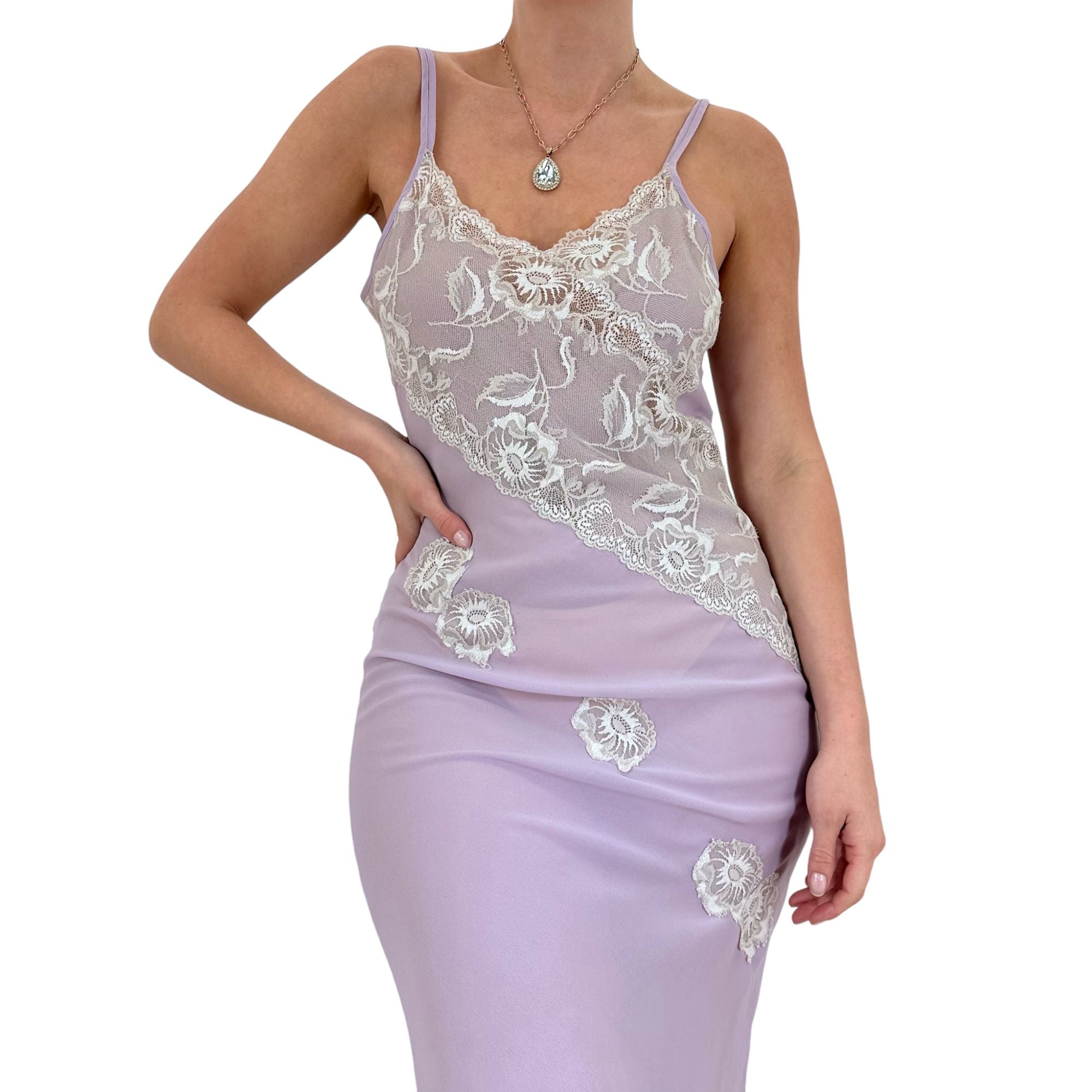 90s Vintage Lavender Floral Satin Slip Dress [M]